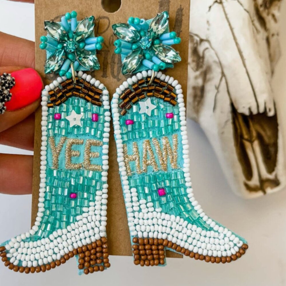 NEW Yee Haw Cowgirl Western Theme Cowboy Boots Boho Seed Bead Earrings NEW